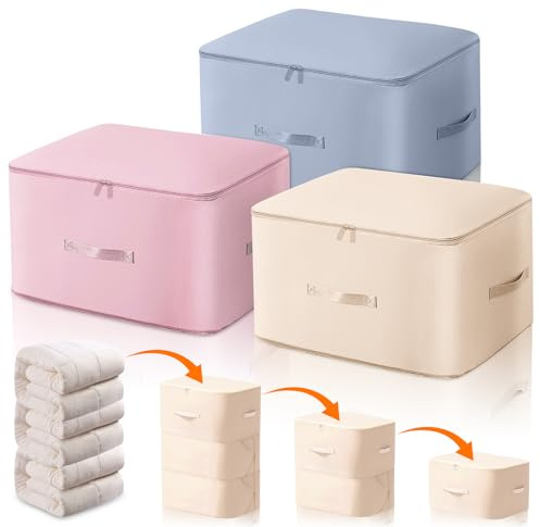 3 Stück Ultra Platzsparender Selbstkomprimierender Organizer, 52x42x60cm Aufbewahrungstasche für Bettdecken 3 Farben, Groß Selbstkomprimierende Bewegliche Organizertaschen for Decken Kleidung