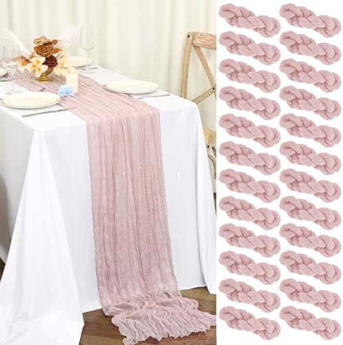 Teruntrue 24 Stück Tischläufer Rosa 45x275 cm Staubiges Rosa Boho Gaze Käsetuch Tischläufer für Hochzeit, Party, Babyfeier, Brautshower, Geburtstag-Dekorationen