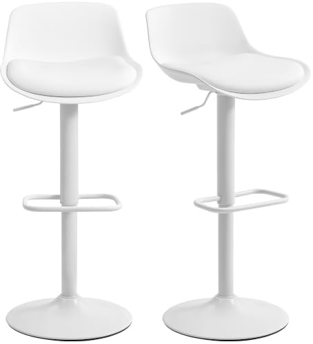 HOMCOM 2er Set höhenverstellbarer Barhocker, hohe Kunstleder-Küchenhocker mit Rückenlehne und Fußstütze und breitem Stahlfuß, 360° drehbare Barhocker, weiß