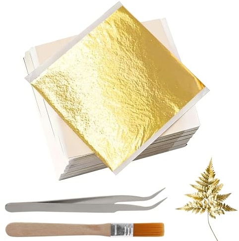 200 Hojas de Pan de Oro para Manualidades | Lámina de Oro de 13,5 X 13Cm con Pinzas y Pinceles,Papel Dorado para Decoración,Pintura y Manualidades,Uñas