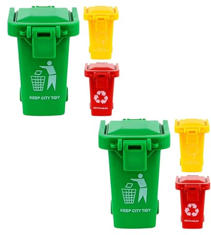 6Pcs Colorful Tiny Recycle Bin for Desk, Garbage Trash Pen Holder, Recycle Bin Pencil Holder, Miniature Garbage Truck's Trash Cans, Unique Small Trash Can Truck Toy with Lid Wheels, Decorations