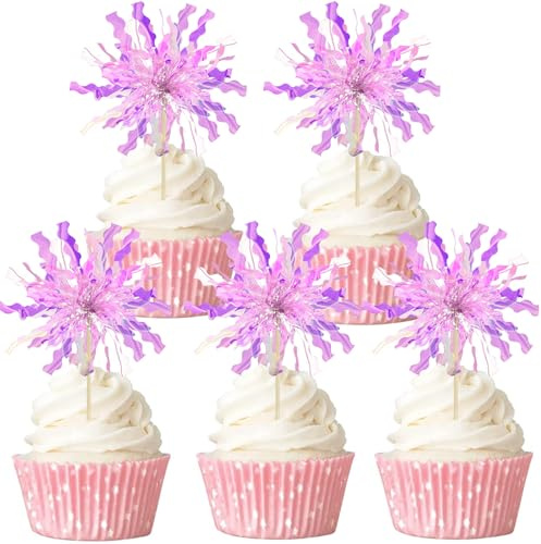 Gleevio 40 Stück Happy Birthday Tortendeko Feuerwerk Lila,Cupcake Deko Geburtstag,Glitzer Tortendeko Geburtstag,Feuerwerk Muffin Deko,Kuchendeko für Weihnachten Silvester Hochzeit Babyparty