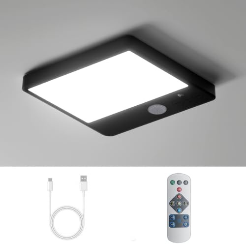LED Akku Lampe mit Bewegungsmelder, Kabellos Deckenlampe ohne Stromanschluss, 3 Farbtemperaturen, Dimmbar mit Fernbedienung, Aufladbare Batteriebetriebene Deckenleuchte für Flur/Badezimmer/Keller