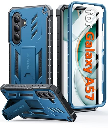FNTCASE for Samsung Galaxy A57 5G Phone Case with Built-in Screen Protector | Rugged Kickstand, 20FT Military-Grade Drop Protection, Matte Textured, Heavy Duty Shockproof TPU Protective Cover, Blue