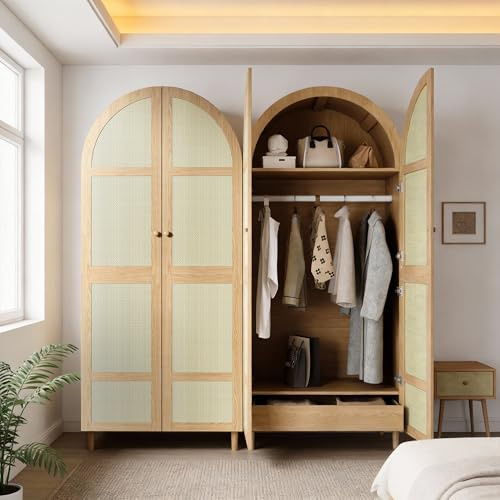 Yihomfy mit 2 Türen & Rattan, Landhausstil Weiß mit großer Schublade, höhenverstellbaren Regalen & Kleiderstange, Inkl. Kippsicherung, 180x85x52 cm (Natürlich, 179x80x50 cm)