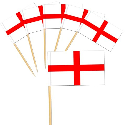 100pcs England Toothpick Flags Cocktail Flag,Small St George's Cross Flag Cupcake Cake Toppers Mini England Flags On Sticks for Cakes Decorations Food Fifa World Cup 2026 Pub Royal Event Decoration