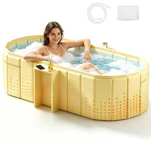 Vasca da bagno pieghevole da 1,5 m, per adulti, portatile, per doccia, 2 in 1, acqua calda e fredda, senza installazione, vasca da bagno con ripiano, per sauna, famiglia, spa, doccia di coppia, giallo