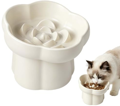 Raised Slow Feeder Cat Bowl, Ceramic Elevated Cat Bowl for Anti Vomiting Cat Slow Feeder Bowl, Easy to Clean, White Flower Pattern Ceramic Cats Bowls for Dry And Wet Food Are Available