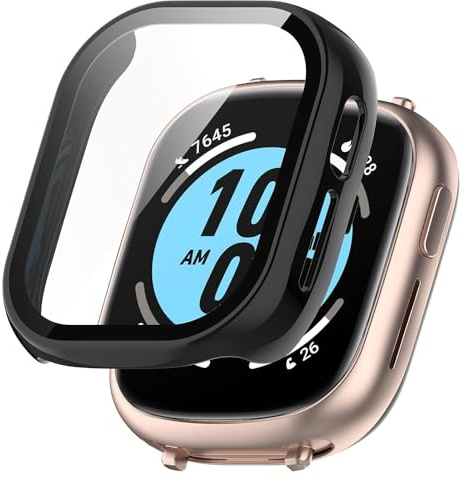 Techsuit für Honor Watch 4 Hülle und Displayschutz mit Gehärtetem Glas, HD Klarheit, Volle Abdeckung, Kratzschutz, Schlankes Design, Defense360 Pro, Schwarz