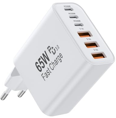USB C Ladegerät, 6 Ports 65W Mehrfach Schnellladegerät Netzteil Power Adapter für iPhone 17/16/15/14/13/12/11 Pro/Max/Plus/XR/XS/iPad Handy, USB C & USB A PD 3.0 Charger