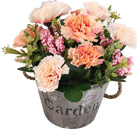 Flikool Nelke Künstliche Blumen mit Holztopf Künstliche Pflanzen mit Topf Topfpflanzen Bonsai Gartennelken Kunstblumen Kunstpflanzen Ornaments Dekorationen - Orange Blumen mit Rundes Dunkel Pot