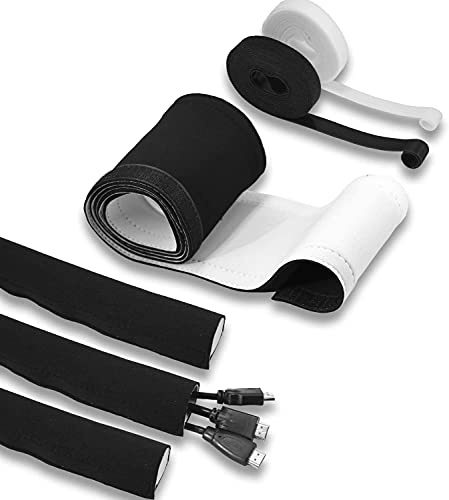 TPFNet Premium Neopren Kabelschlauch + 2 Klettbänder | 1,5m lang | 37 Ø mm | schwarz + weiß | Kabelmanagement | mit Klettverschluss | die perfekte Kabelführung für Büro, Küche oder Heimkino
