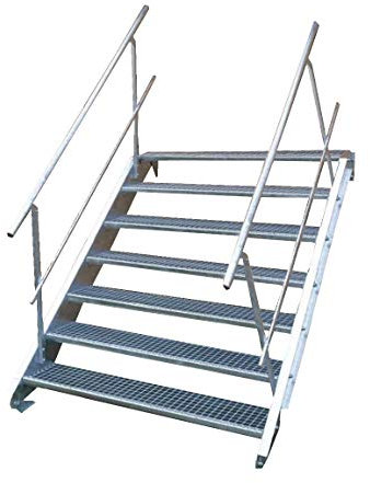 Stahltreppe Industrietreppe Aussentreppe Treppe 7 Stufen-Breite 130cm Variable Geschosshöhe 100-140cm vezinkt mit beidseitigem Geländer