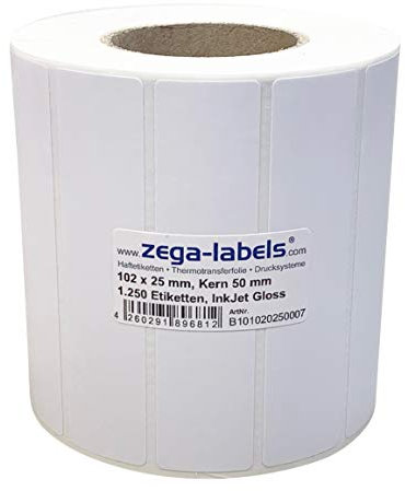 Inkjet Etiketten auf Rolle - 102 x 25 mm - 1.250 Stück je Rolle - Kern: 50 mm - Papier weiss glänzend - aussen gewickelt - permanent haftend - Druckverfahren: Ink Jet (Rollen Tintenstrahl Drucker)
