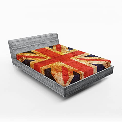 ABAKUHAUS England Spannbetttuch, Union Jack Motiv Grunge, Soft Dekorativer Stoff Bettwäsche Rund-um Elastischer Gummizug, 160 cm x 200 cm, Night Blue Vermilion