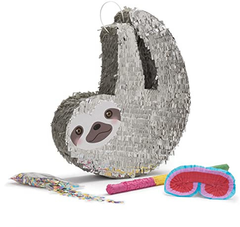 Lumaland Pinata Set zum Befüllen inkl. Schläger & Augenbinde | Party Faultier ideal für Kinder-Geburtstag & Feier | Piñata inkl. 50g buntes Konfetti | Individuell befüllbar [46x45x10 cm]