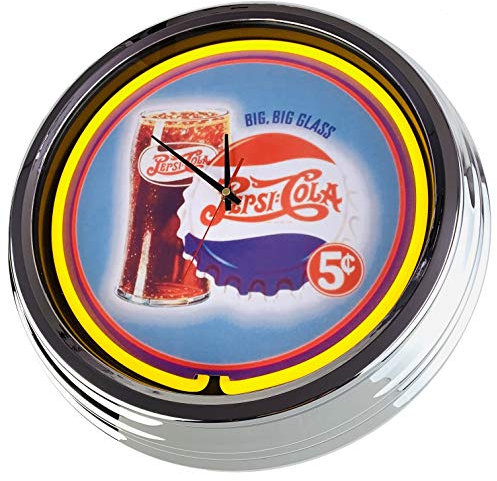 Neon Clock Pepsi 5s WallClock Deko-Clock LeuchtClock USA 50's Style Retro NeonClock Dining Room Kitchen Living Room Office (Yellow)