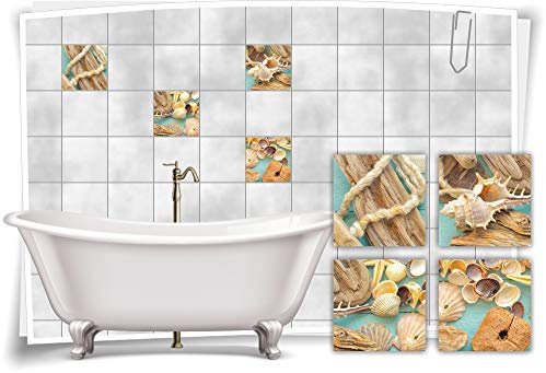 Medianlux Fliesen-Aufkleber SPA Wellness Muscheln Tau Seil Holz Türkis Balken Bad WC Deko, 10x10cm fp5p611q-136156