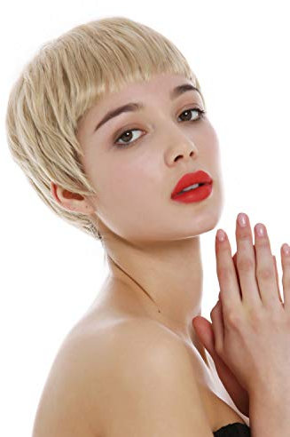 WIG ME UP - SA098-24BT613 Perücke Damen sehr kurz Pixie Cut 60er Kurzhaarfrisur Pony Blond gesträhnt
