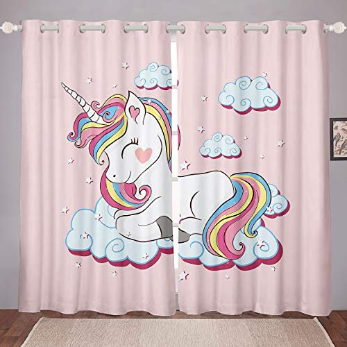 Kinder Fenstervorhang 245x140cm Einhorn Blickdichte Vorhänge Dekor Rosa Karikatur Einhorn Regenbogen Wolken drucken Vorhang Blickdicht Vorhänge Dekor für herrliche Süß Tiere Dekorativ 2er Set
