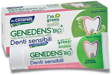 Genedens Bio, Dentifricio Denti Sensibili, Favorisce la Chiusura dei Tubuli che Causano la Sensibilità Dentale, Tubo in Bio-Plastica Riciclabile, 100% Made in Italy, Tubetto 75 ml