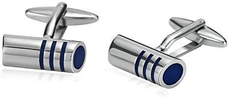 Skcess Boutons de Manchette Smoking Bleu, Bouton de Manchette Acier Inoxydable Cylindre Rayé Rond Ensemble de Boutons de Manchette Hommes