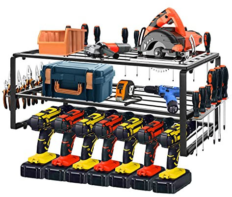BQKOZFIN Power Tool Organizer Storage Rack, Wall Mount Drill Holder Charging Station for 7 Power Drills, Cordless Battery Tool Shelving with Side Screwdriver Storage for Garage, Workshop (Large)