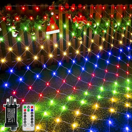 Ollny Net Lights Outdoor Indoor, 200 LED 3m x 2m Mesh Fairy Lights Plug in, Waterproof String Lights 8 Light Modes/Timer/Remote for Xmas Tree/Outside/Curtain/Window/Garden Decoration, Multicoloured