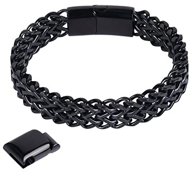 flintronic Men's Strong Antique Silver Bracelet, Fashion Retro 23cm+1.5cm Extension BuckleTitanium Steel Simple Six-sided Flat Denim Bracelet,Jewellery Gift for Boyfriend Husband Father - Black