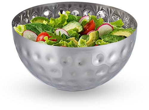 Relaxdays Saladier rond, design martelé, en acier inoxydable, pour snacks et salade, diamètre 25 cm, bol, argent
