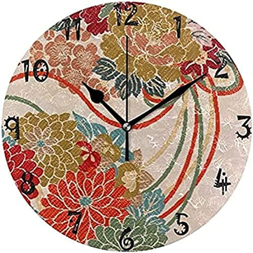 Art Tissu Broderie Motif de Style Japonais Circulaire Horloge Murale Assiette Ronde Silencieux Non Ticking Horloge pour Cuisine Chambre à Domicile Bureau SCH