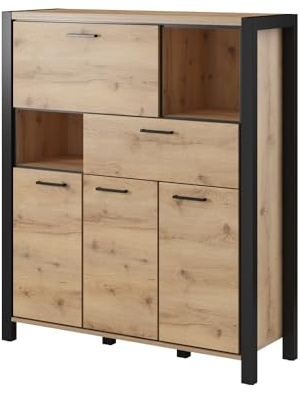 Lomadox Wohnzimmer Highboard in Taurus Eiche Nb. und schwarzem Gestell, B/H/T: ca. 120/140/41 cm