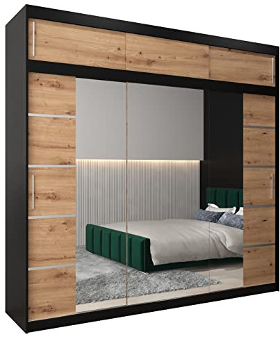 ABIKSMEBLE Verona 4 250 Armario de Dormitorios con Tres Puertas Correderas - Armario de Almacenamiento Moderno con Espejo, Perchero y Estantes - 250x240x62 cm - Negro Mate + Craftsman con Extensión