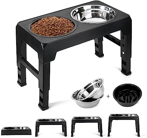 Hundenapf Höhenverstellbar, 4 Höhenverstellbare Erhöhte Hundenäpfe mit 2 Edelstahl-Hundenäpfen und 1 Slow-Food-Hundenapf,Futterstation Hund für Großen Mittelgroßen Kleinen Hunde