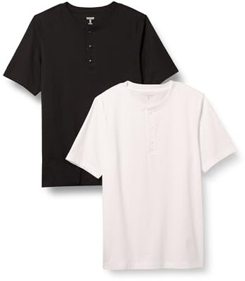 Amazon Essentials Men's Regular-Fit Short-Sleeve Cotton Henley T-Shirt, Pack of 2, Black/White, L