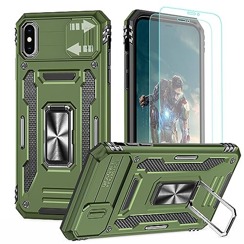 YmhxcY For iPhone X and iPhone XS Case With 2*PET Screen Protector, Slide Camera Cover,360° Rotate Metal Stand, For Apple iPhone X and Apple iPhone XS 5.8“-Olive Green