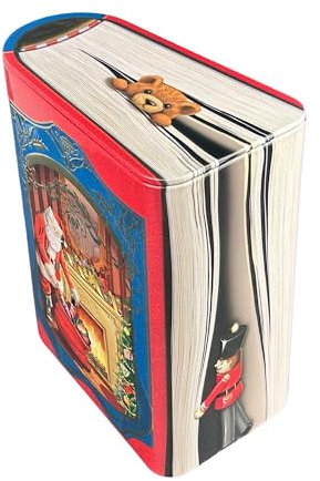 MediMuc Kleine Buchdose St. Nick rot/blau - nostalgische Dose aufwändig geprägt und Bedruckt - Santa packt Geschenke aus - Keksdose, Blechdose - Vol. 1,75l - (L x B x H): 15,2 x 17,5X 8,8cm