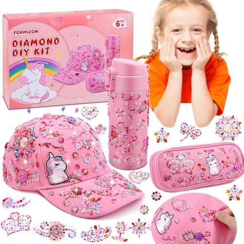 FORMIZON Geschenke für Mädchen, DIY Trinkflasche Baseballkappe Federtasche, Bastelsets Trinkflasche mit Einhorn Aufklebern, Geburtstag Geschenk Schulanfang für Mädchen 4 5 6 7 8 9 Jahre (Rosa)