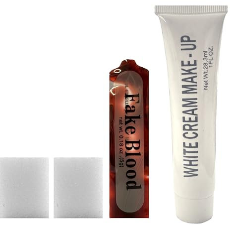 Lizzy Bloody Makeup Set with Sponge | 1x White Cream, Fake Blood, 2 x Sponges | Paint Theatrical Halloween Fevstival, Zombie Makeup Kit Color Paint