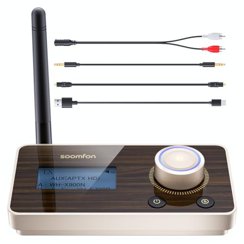 SOOMFON Trasmettitore Ricevitore Audio Bluetooth 5.2 con Display LCD, TX RX Bypass 3 Modalità, Adattatore Bluetooth Hi-Fi per TV Supporta 2 Cuffie, DAC, aptX HD, aptX LL, con Cavi Aux/Ottico/RCA