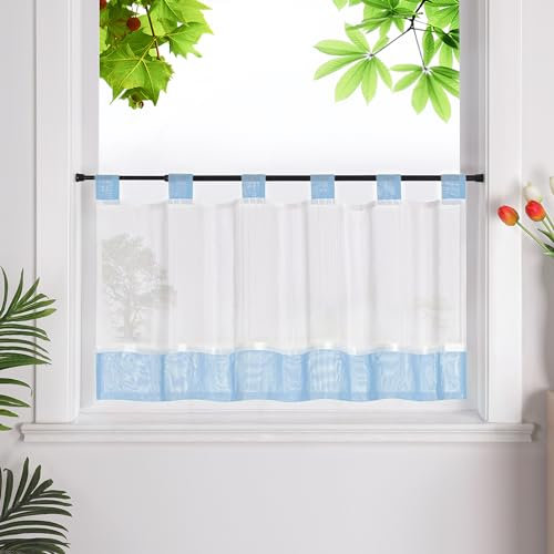 HeichkelL Scheibengardine mit Schlaufen Leinenoptik Gardine Halbtransparent Bistrogardine Landhausstil Kurzstores Blau HxB 60x120cm