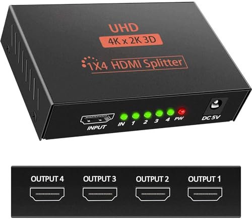 AUELEK HDMI Splitter 1 IN 4 OUT 3D 4K 1080P HDMI Verteiler Splitter 1 x 4 HDCP 1.4 HDMI Verteilerverstärker mit USB-Kabel Kompatibel mit PC PS3 HDTV Blu-ray Projektor DVD usw