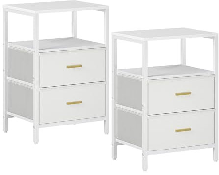 Hzuaneri Nachttisch 2er Set, Beistelltisch mit 2 Stoff-Schubladen und Regalen, Offenes Fach, Couchtisch, Nachtschrank Schlafzimmer, für Wohnzimmer, Schlafzimmer, Weiß NS30713W
