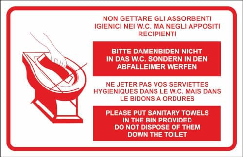 M-ITALY CARTELLO SEGNALETICO - NON GETTARE GLI ASSORBENTI IGIENICI NEI WC - Adesivo Extra Resistente, Pannello in Forex, Pannello In Alluminio (15x10, Adesivo)