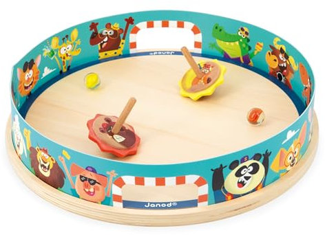 Janod - Arena Trottole Applepop - Gioco di Abilità per Bambini - 1 Arena + 2 Trottole con Lanciatori + 2 Biglie in Vetro - Stimola la Manualità - Giocattolo in Legno FSC - dai 4 Anni, J03355