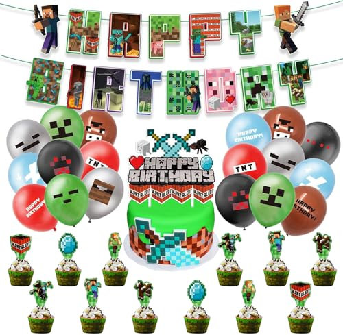 Pixel Luftballon Geburtstagsdeko, 32 Stück Miner Gamer Kindergeburtstag Jungen und Mädchen, Geburtstag Spiel Latex Ballon Cupcake Topper Happy Birthday Banner