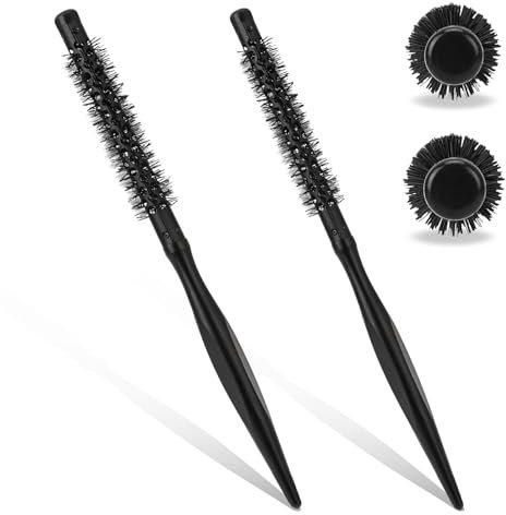 2 Stück Rundbürste Klein zum Föhnen, Schwarz Speziellen Haarbürste Rund 1.3 cm Mini Lockenbürste mit Aluminiumrohr Professionelle Föhnbürste Bart Bürste für Dünnes, Haar Bart, Ponytail, Locken