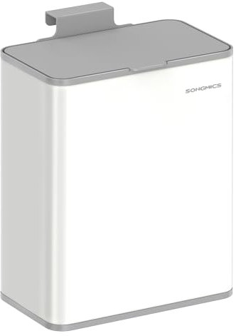 SONGMICS Hanging Kitchen Bin, 2.1-Gallon (8 L) Steel Trash Bin with Lid for Food Waste, Cabinet Door Hanging or Wall-Mounted with Hooks, for Under Sink, Bathrooms, Cloud White LTB810W01