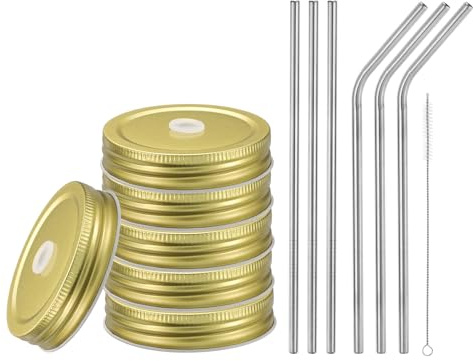 sourcing map 13pcs Stainless Steel Mason Jar Lids with Straw Hole, 70mm Metal Canning Lid Mason Storage Covers Caps with Silicone Ring/Straws/Cleaning Brush Gold