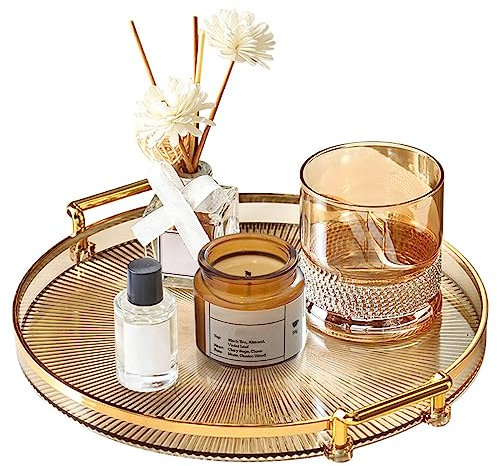Serving Tray with Golden Handles, Acrylic Decorative Candle Trays, Round Perfume Plate Reusable Plastic Serving Platters, Serving Tray for Home Restaurant Bar Drinks Breakfast Coffee Tea Fruit (Amber)